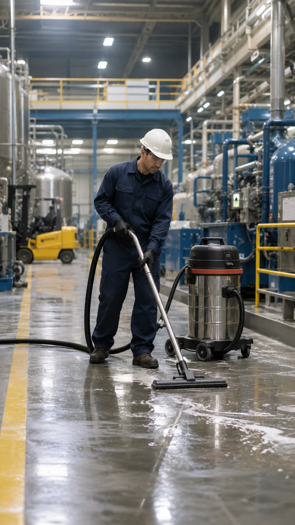 Travailleur industriel nettoyant un plancher d'usine avec équipement professionnel
